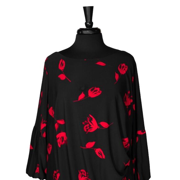 Ralph Lauren Women's Dress Black Red Floral Stretch Bell Sleeve Jersey Midi 20W - Picture 6 of 9